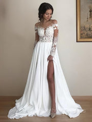 Wedding Dresses 2028 Trend New, A-Line/Princess Scoop Sweep Train Chiffon Wedding Dresses With Leg Slit
