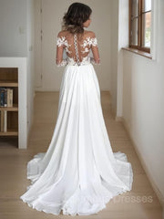 Wedding Dresses For Maids, A-Line/Princess Scoop Sweep Train Chiffon Wedding Dresses With Leg Slit