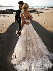 Wedding Dresses Designers, A-Line/Princess Scoop Sweep Train Lace Wedding Dresses With Appliques Lace