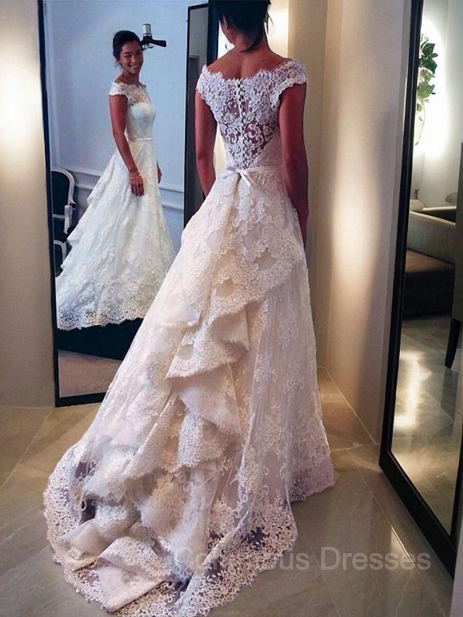 Wedding Dress For Dancing, A-Line/Princess Scoop Sweep Train Lace Wedding Dresses With Belt/Sash