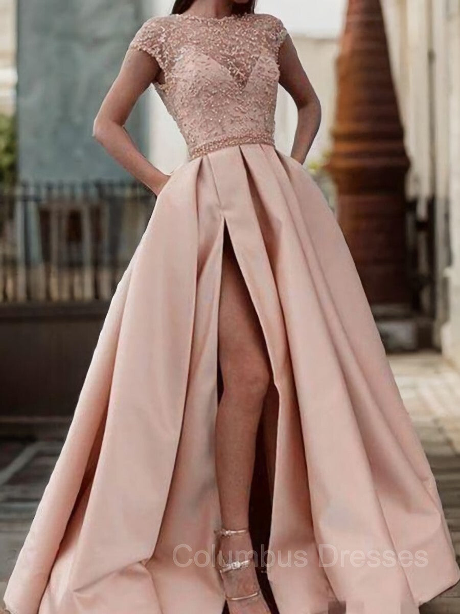Club Dress, A-Line/Princess Scoop Sweep Train Satin Prom Dresses With Pockets
