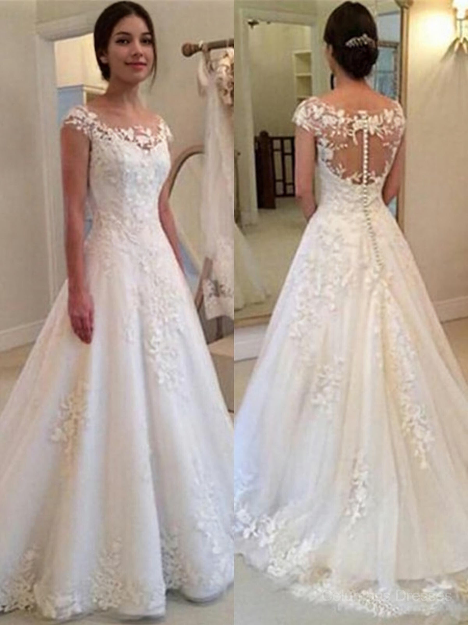 Wedding Dress Sexy, A-Line/Princess Scoop Sweep Train Tulle Wedding Dresses With Appliques Lace