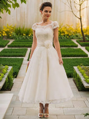 Weddings Dresses Lace Simple, A-Line/Princess Scoop Tea-Length Tulle Wedding Dresses