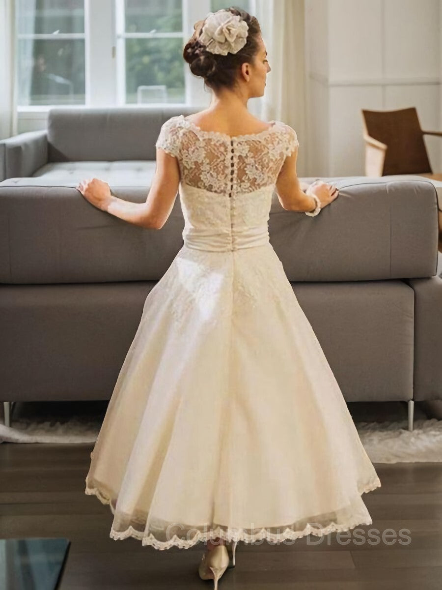 Wedding Dress Lace Simple, A-Line/Princess Scoop Tea-Length Tulle Wedding Dresses