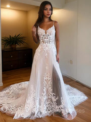 Wedding Dress Shoes, A-Line/Princess Spaghetti Straps Chapel Train Tulle Wedding Dresses With Leg Slit