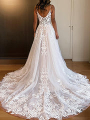 Wedding Dresses Shoes, A-Line/Princess Spaghetti Straps Chapel Train Tulle Wedding Dresses With Leg Slit