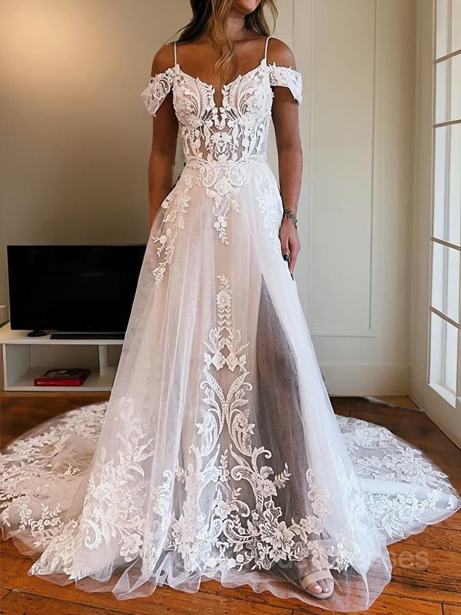 Wedding Dress For Big Bust, A-Line/Princess Spaghetti Straps Chapel Train Tulle Wedding Dresses With Leg Slit