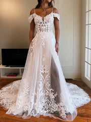 Wedding Dress For Big Bust, A-Line/Princess Spaghetti Straps Chapel Train Tulle Wedding Dresses With Leg Slit