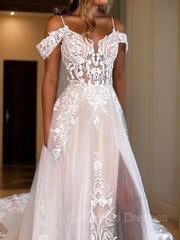 Wedding Dresses For Big Bust, A-Line/Princess Spaghetti Straps Chapel Train Tulle Wedding Dresses With Leg Slit