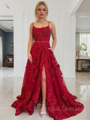 Evening Dresses Elegant, A-Line/Princess Spaghetti Straps Court Train Tulle Prom Dresses With Leg Slit