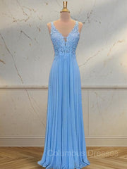 Prom Dress 2038, A-Line/Princess Spaghetti Straps Floor-Length Chiffon Prom Dresses With Appliques Lace
