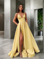 Prom Dress With Sleeves, A-Line/Princess Spaghetti Straps Floor-Length Satin Prom Dresses With Leg Slit