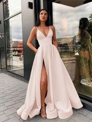 Prom Dress Tulle, A-Line/Princess Spaghetti Straps Floor-Length Satin Prom Dresses With Leg Slit