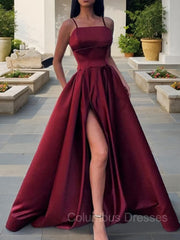 Evening Dresses Designer, A-Line/Princess Spaghetti Straps Floor-Length Satin Prom Dresses With Leg Slit