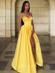 Party Dress Mid Length, A-Line/Princess Spaghetti Straps Floor-Length Satin Prom Dresses With Leg Slit