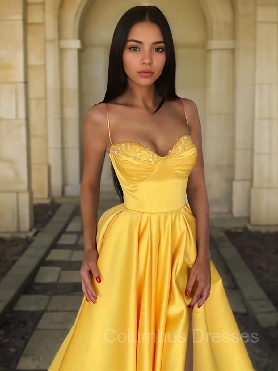 Party Dresses For Ladies 2040, A-Line/Princess Spaghetti Straps Floor-Length Satin Prom Dresses With Leg Slit