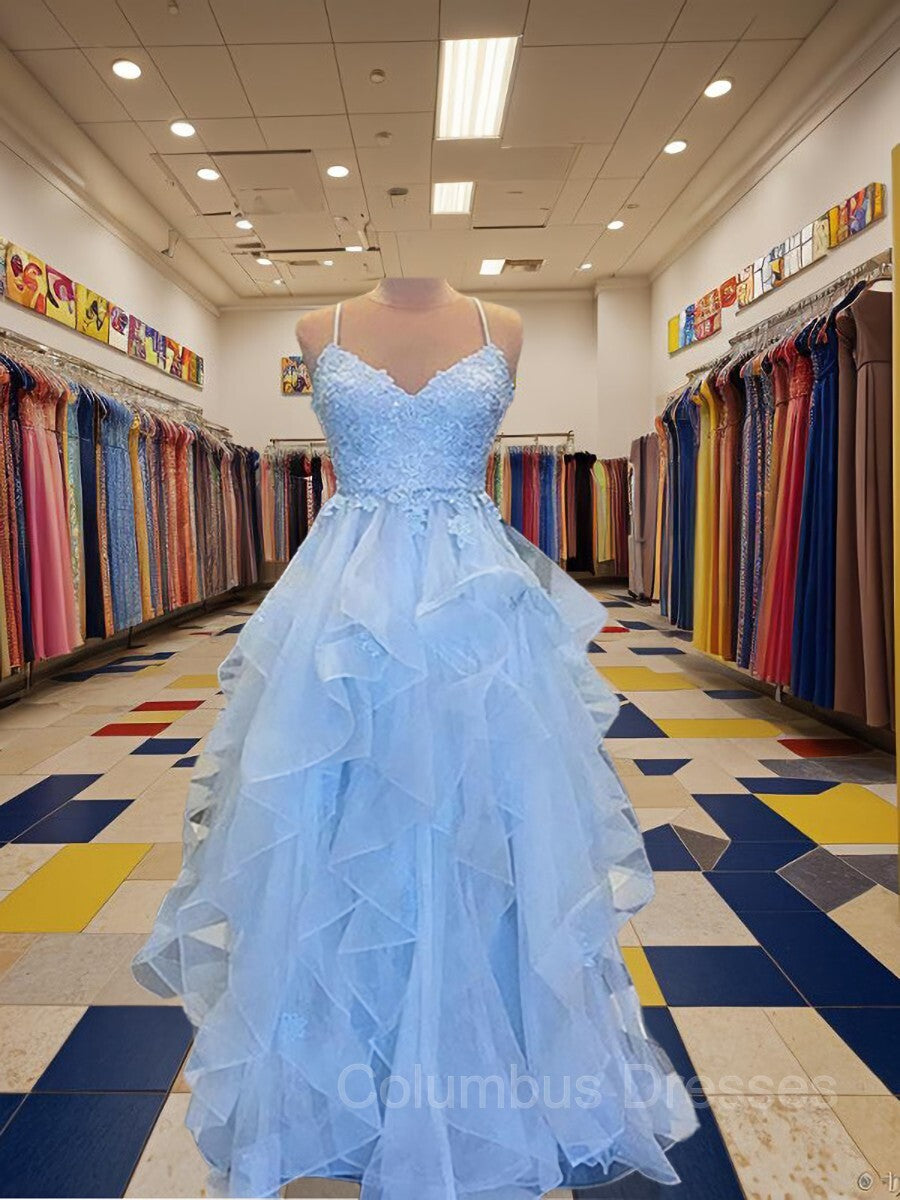Prom Dresses Light Blue Long, A-Line/Princess Spaghetti Straps Floor-Length Tulle Evening Dresses With Appliques Lace