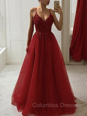 Prom Dress Style, A-Line/Princess Spaghetti Straps Floor-Length Tulle Prom Dresses With Appliques Lace