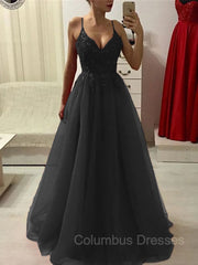 Prom Dress On Sale, A-Line/Princess Spaghetti Straps Floor-Length Tulle Prom Dresses With Appliques Lace