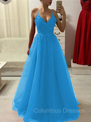 Prom Dress2042, A-Line/Princess Spaghetti Straps Floor-Length Tulle Prom Dresses With Appliques Lace