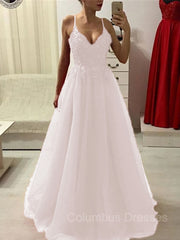 Prom Dressed 2042, A-Line/Princess Spaghetti Straps Floor-Length Tulle Prom Dresses With Appliques Lace