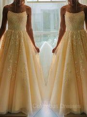 Semi Formal, A-Line/Princess Spaghetti Straps Floor-Length Tulle Prom Dresses With Appliques Lace