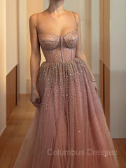Formal Dresses Floral, A-Line/Princess Spaghetti Straps Floor-Length Tulle Prom Dresses With Beading