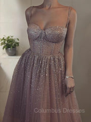 Formal Dresses To Wear To A Wedding, A-Line/Princess Spaghetti Straps Floor-Length Tulle Prom Dresses With Beading