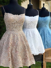 Prom Dresses Orange, A-Line/Princess Spaghetti Straps Short/Mini Lace Homecoming Dresses With Appliques Lace