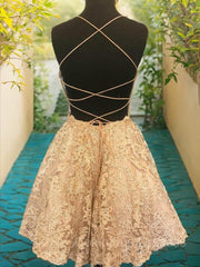 Wedding Guest Dress, A-Line/Princess Spaghetti Straps Short/Mini Lace Homecoming Dresses With Appliques Lace