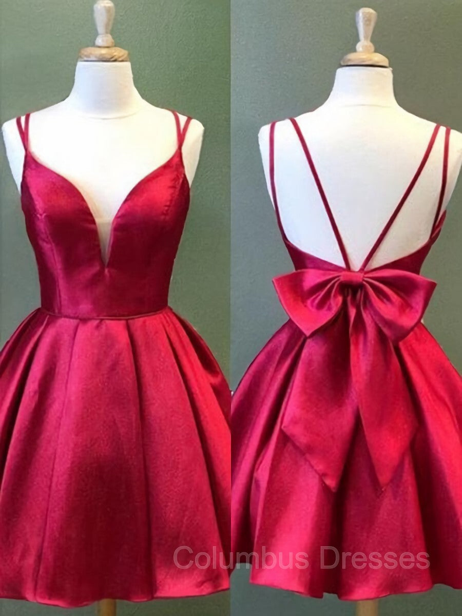 Prom Dress Pattern, A-Line/Princess Spaghetti Straps Short/Mini Satin Homecoming Dresses With Bow