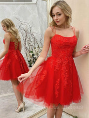 Backless Prom Dress, A-Line/Princess Spaghetti Straps Short/Mini Tulle Homecoming Dresses With Appliques Lace