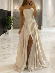 Prom Dress Unique, A-Line/Princess Spaghetti Straps Sweep Train Silk like Satin Prom Dresses With Leg Slit