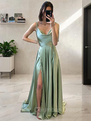 Bridesmaid Dresses Styles, A-Line/Princess Spaghetti Straps Sweep Train Silk like Satin Prom Dresses With Leg Slit