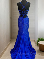 Party Dress For Christmas Party, A-Line/Princess Spaghetti Straps Sweep Train Silk like Satin Prom Dresses With Ruffles