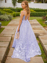 Prom Dress Stores, A-Line/Princess Spaghetti Straps Sweep Train Tulle Prom Dresses With Appliques Lace