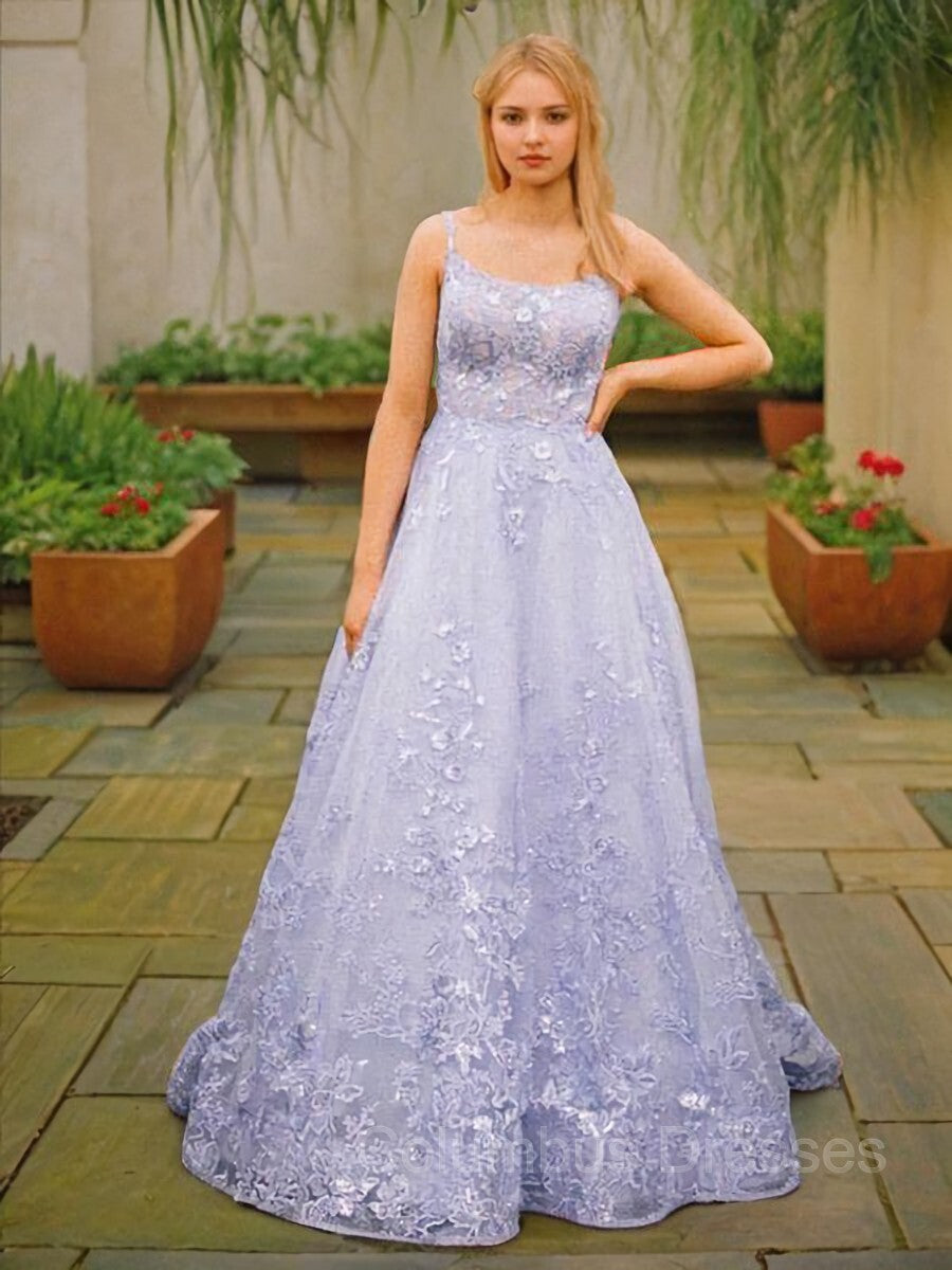 Prom Dresses Stores, A-Line/Princess Spaghetti Straps Sweep Train Tulle Prom Dresses With Appliques Lace