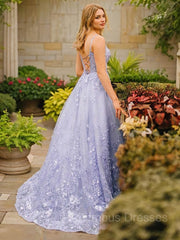 Prom Dress Store, A-Line/Princess Spaghetti Straps Sweep Train Tulle Prom Dresses With Appliques Lace