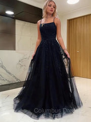 Evenning Dresses Long, A-Line/Princess Spaghetti Straps Sweep Train Tulle Prom Dresses With Appliques Lace