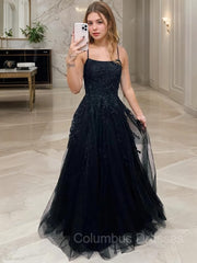 Evening Dress Online, A-Line/Princess Spaghetti Straps Sweep Train Tulle Prom Dresses With Appliques Lace