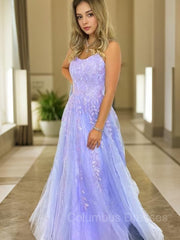 Party Dresses Long Sleeve, A-Line/Princess Spaghetti Straps Sweep Train Tulle Prom Dresses With Appliques Lace