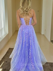 Party Dresses Long Sleeved, A-Line/Princess Spaghetti Straps Sweep Train Tulle Prom Dresses With Appliques Lace