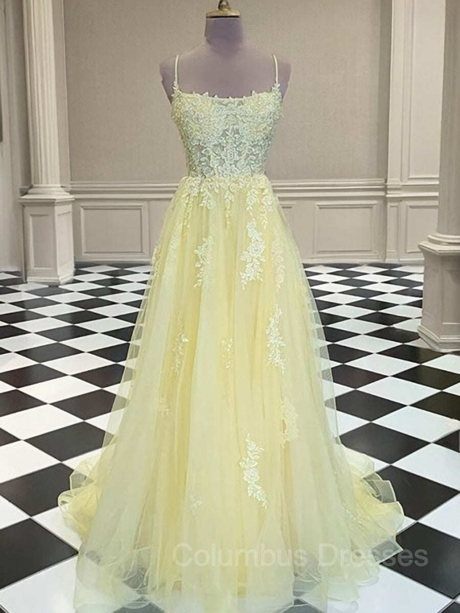 Bridesmaid Dresses Chiffon, A-Line/Princess Spaghetti Straps Sweep Train Tulle Prom Dresses With Appliques Lace
