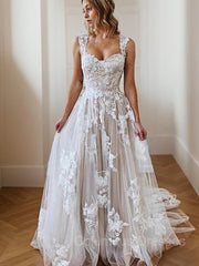 Wedding Dress Long Sleeves, A-line/Princess Square Court Train Tulle Wedding Dress with Appliques Lace