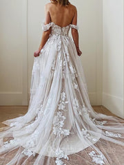 Wedding Dress Long Sleeved, A-line/Princess Square Court Train Tulle Wedding Dress with Appliques Lace