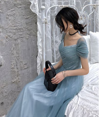 Long Sleeve Prom Dress, A-Line Princess Square Neckline Short Sleeve Floor-Length Prom Dresses