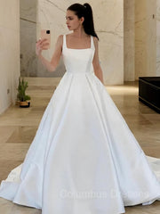 Wedding Dresses Elegent, A-Line/Princess Square Sweep Train Satin Wedding Dresses