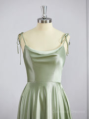 Green Prom Dress, A-Line/Princess Square Sweep Train Silk like Satin Bridesmaid Dresses with Leg Slit
