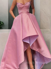 On Shoulder Dress, A-Line/Princess Strapless Asymmetrical Satin Prom Dresses With Pockets