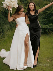 Wedding Dresses Custom, A-Line/Princess Strapless Cathedral Train Stretch Crepe Wedding Dresses With Leg Slit